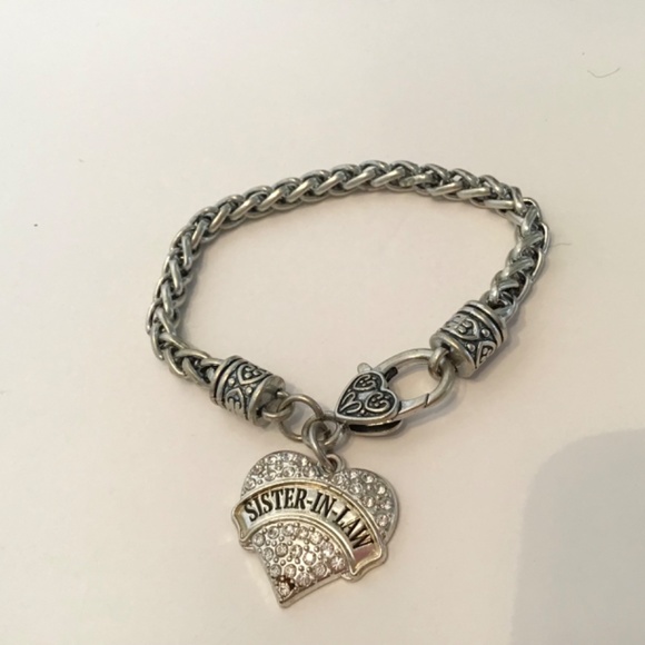 Band SISTER-IN-LAW Clear Rhinestone Charm Silver Metal Chain Locket Bracelet - Picture 4 of 4